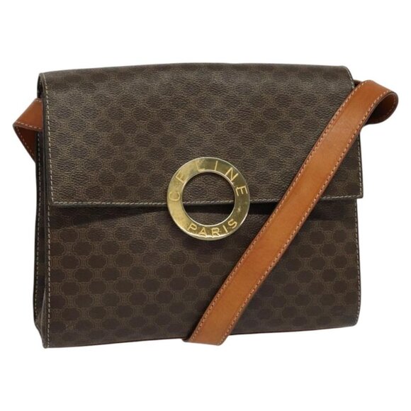 CELINE Macadam Canvas Circle Shoulder Bag PVC Leather Brown Gold Auth MX459 - Picture 1 of 16
